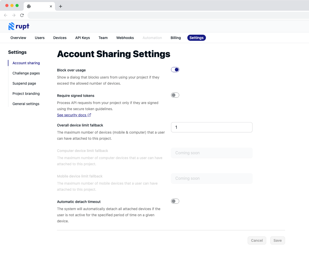 Dashboard settings