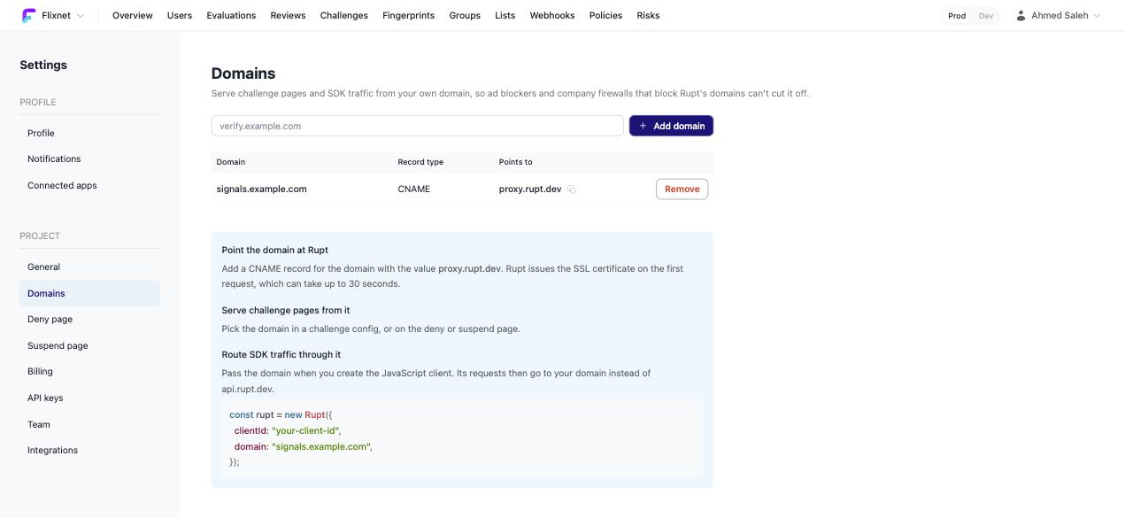 The Domains page in the Rupt dashboard, with signals.example.com pointed at proxy.rupt.dev and the setup steps below it